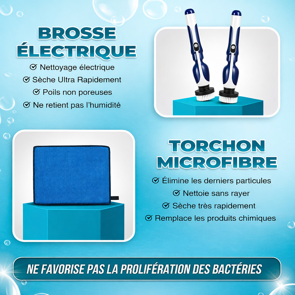 brosse électrique + 3 torchons microfibres XL offerts